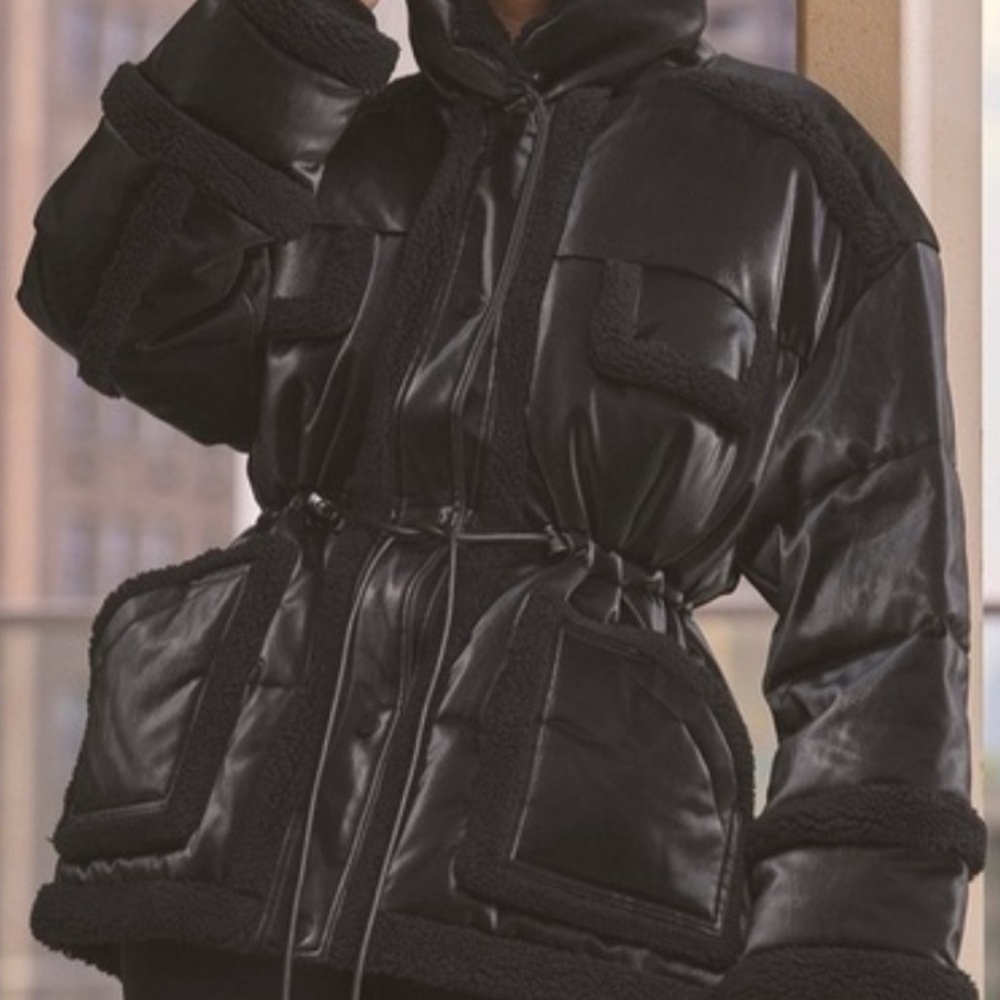 ALO Yoga Black Puffer Jacket with Shearling Trim
